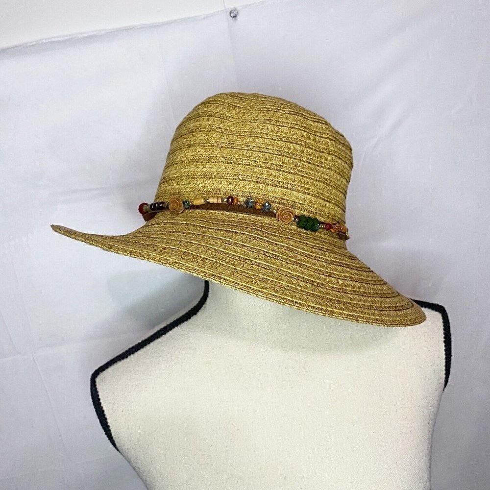 NWT Cappelli Straworld Woven Sun Hat Crochet Beaded Band One Size